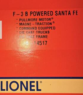 6-14517 Lionel L/n F-3 B Powered Santa Fe # Pullmore Motor Magne Traction
