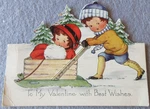 1900'S Usa Die Cut Valentine Card Boy Pushes Girl Wooden Box Sled Winter Wear. Fixed Price $9.95.