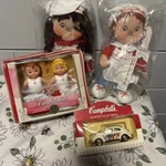 Vintage Campbell Soup Kids Collector SET,2 Plush Dolls,& Beetle Bug Car. Fixed Price $35.00.