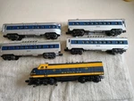 Lionel 2333 Gauge Santa Fe Blue/yellow F3 Diesel Passanger Set. Fixed Price $250.00.